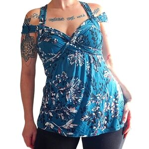🔵 Motherhood Maternity Teal Floral Cutout Cold Shoulder Twist Front Tank Medium